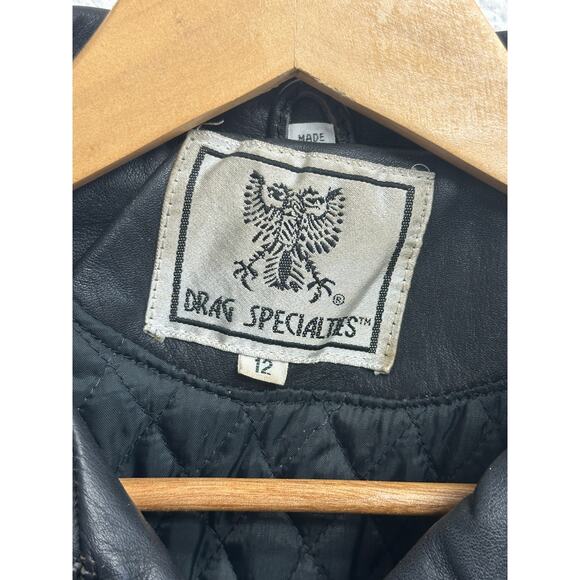 DRAG SPECIALTIES HEAVY BLACK LEATHER FRINGE MOTORCYCLE JACKET SIZE 12 W/ PINS - Picture 6 of 10